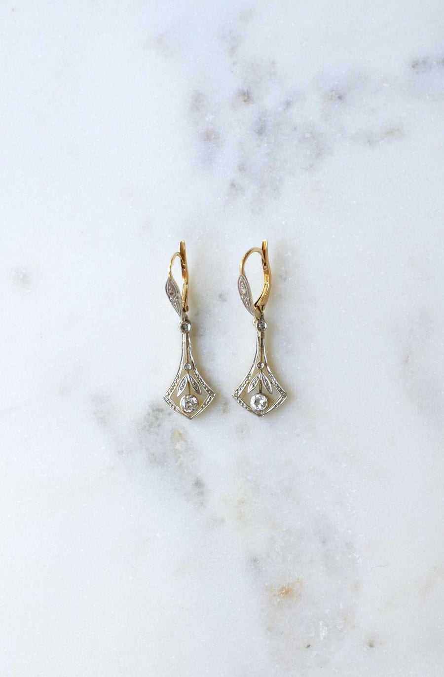 Boucles d'oreilles Art Déco Diamants Or Jaune et Platine - Galerie Pénélope