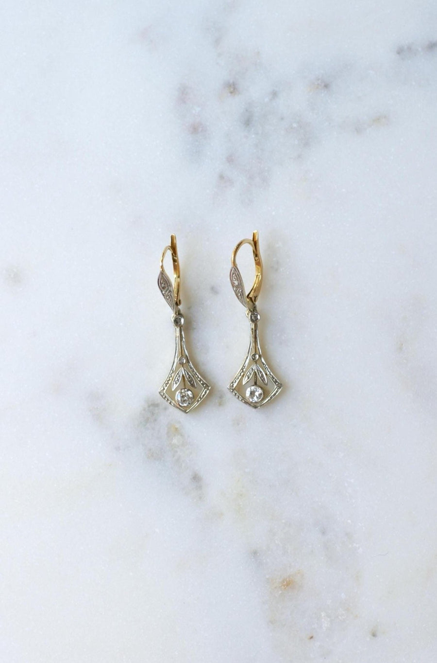 Boucles d'oreilles Art Déco Diamants Or Jaune et Platine - Galerie Pénélope