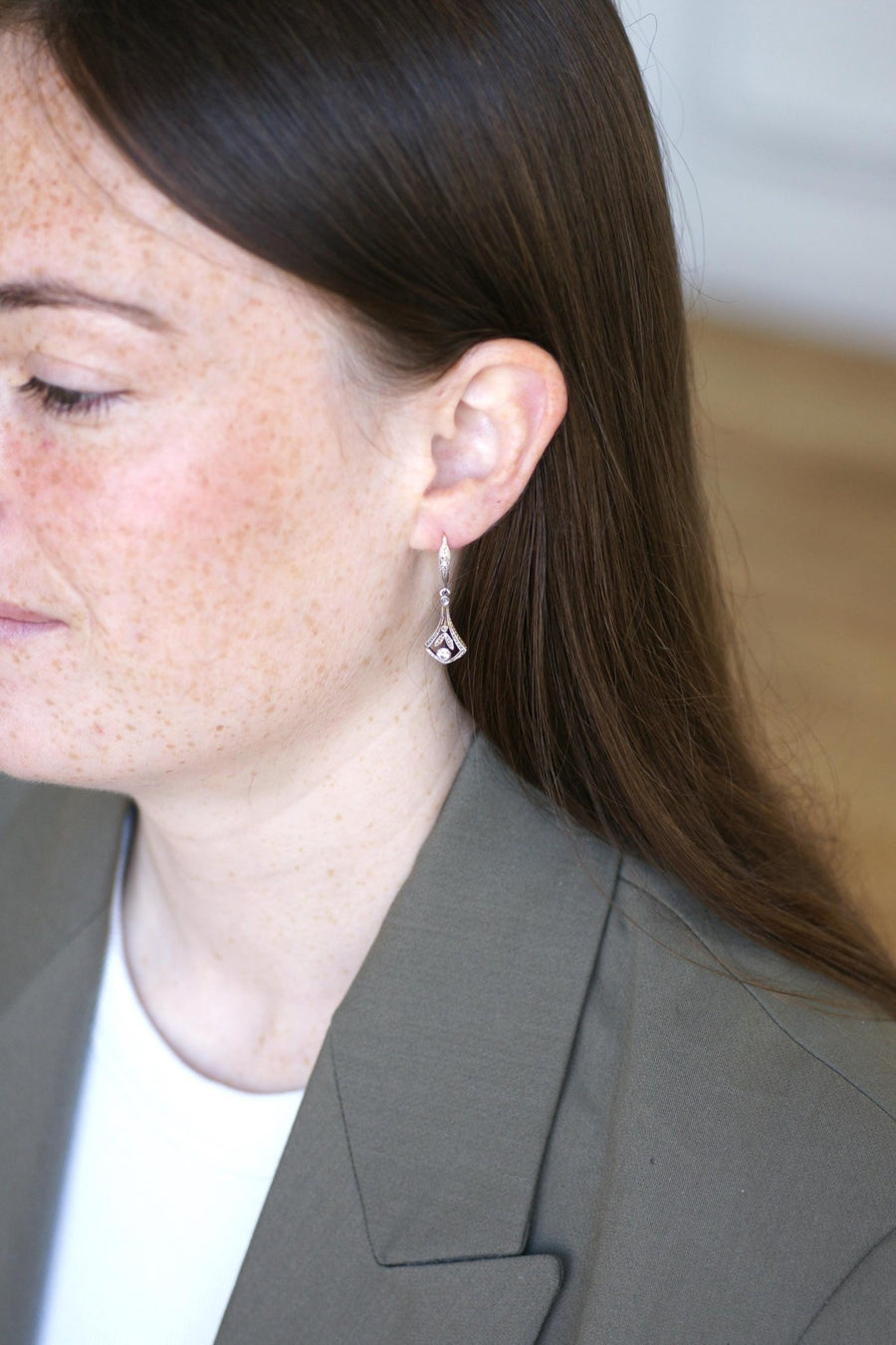 Boucles d'oreilles Art Déco Diamants Or Jaune et Platine - Galerie Pénélope