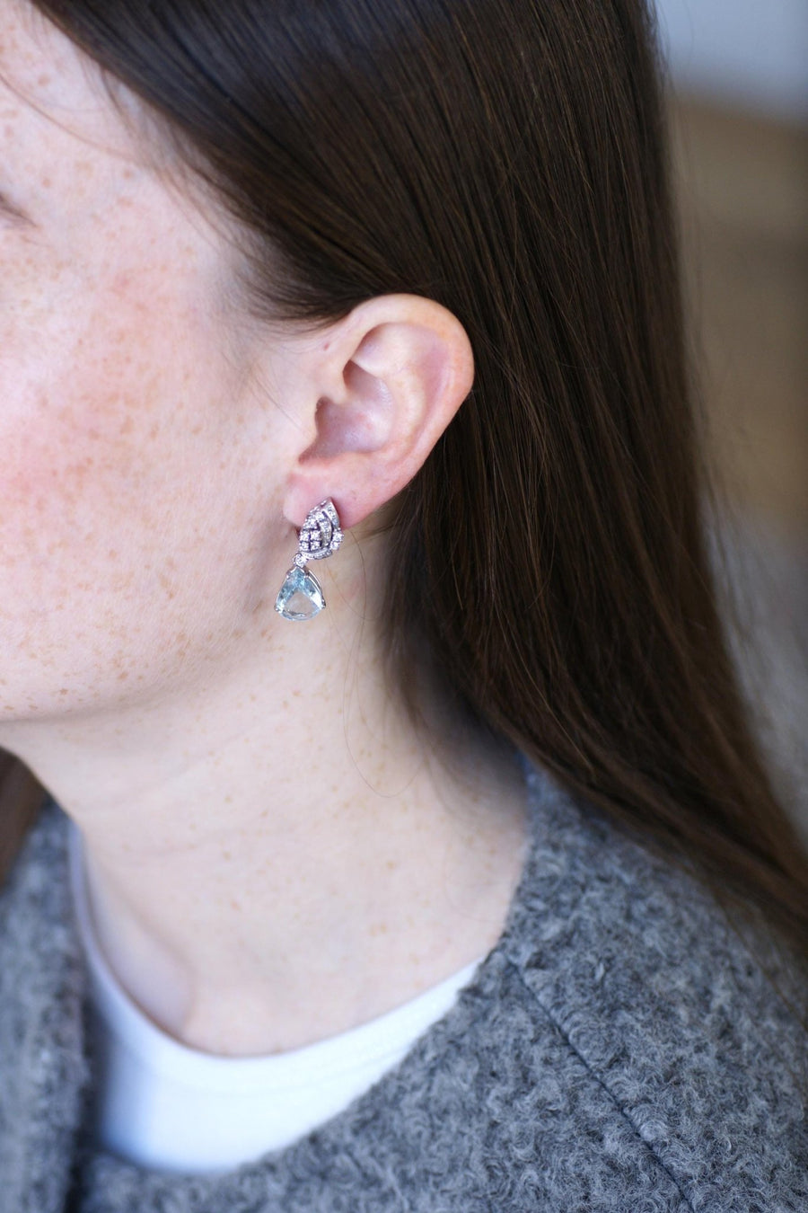 Boucles d'Oreilles Goutte Aigue Marine et Diamant - Galerie Pénélope