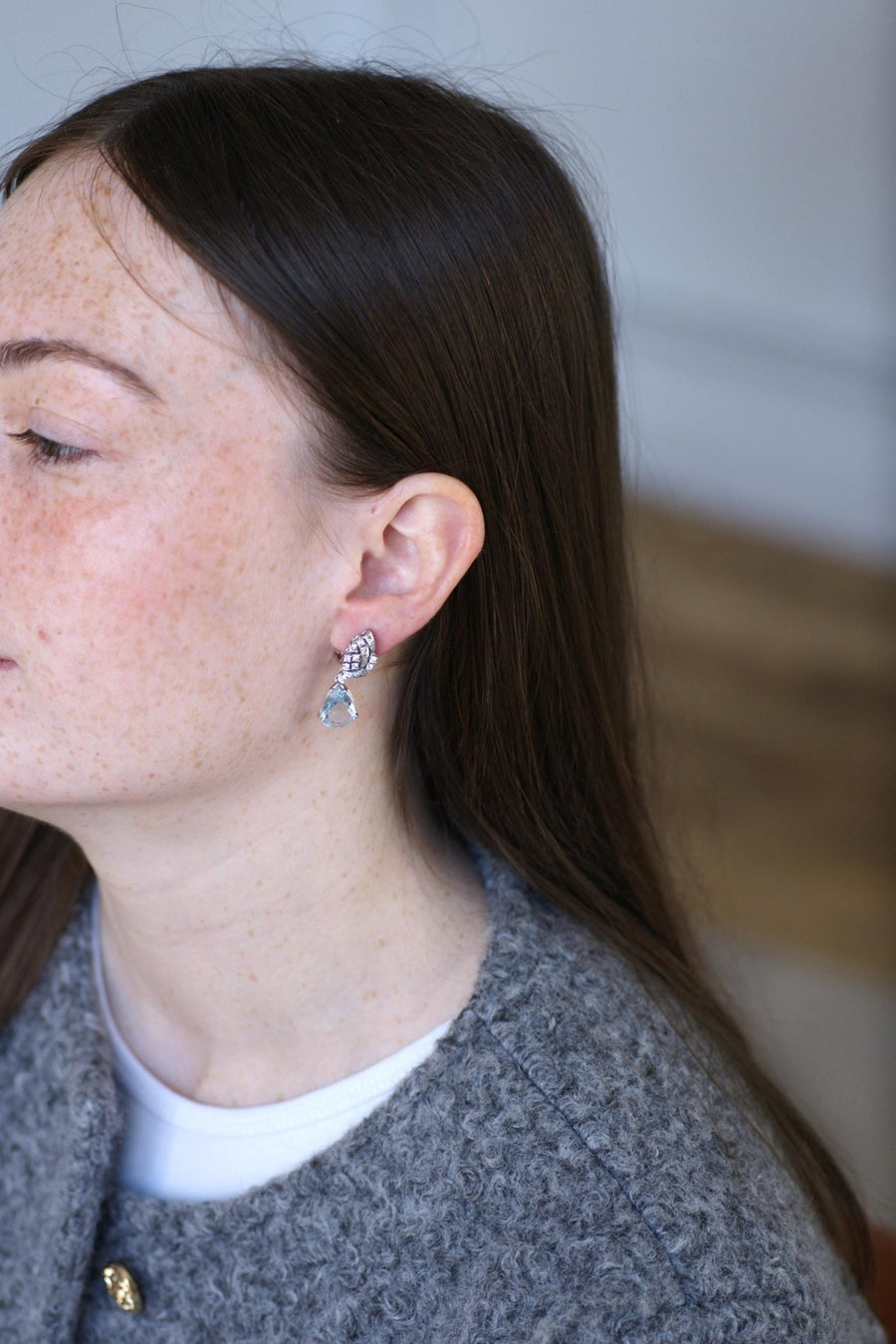 Boucles d'Oreilles Goutte Aigue Marine et Diamant - Galerie Pénélope