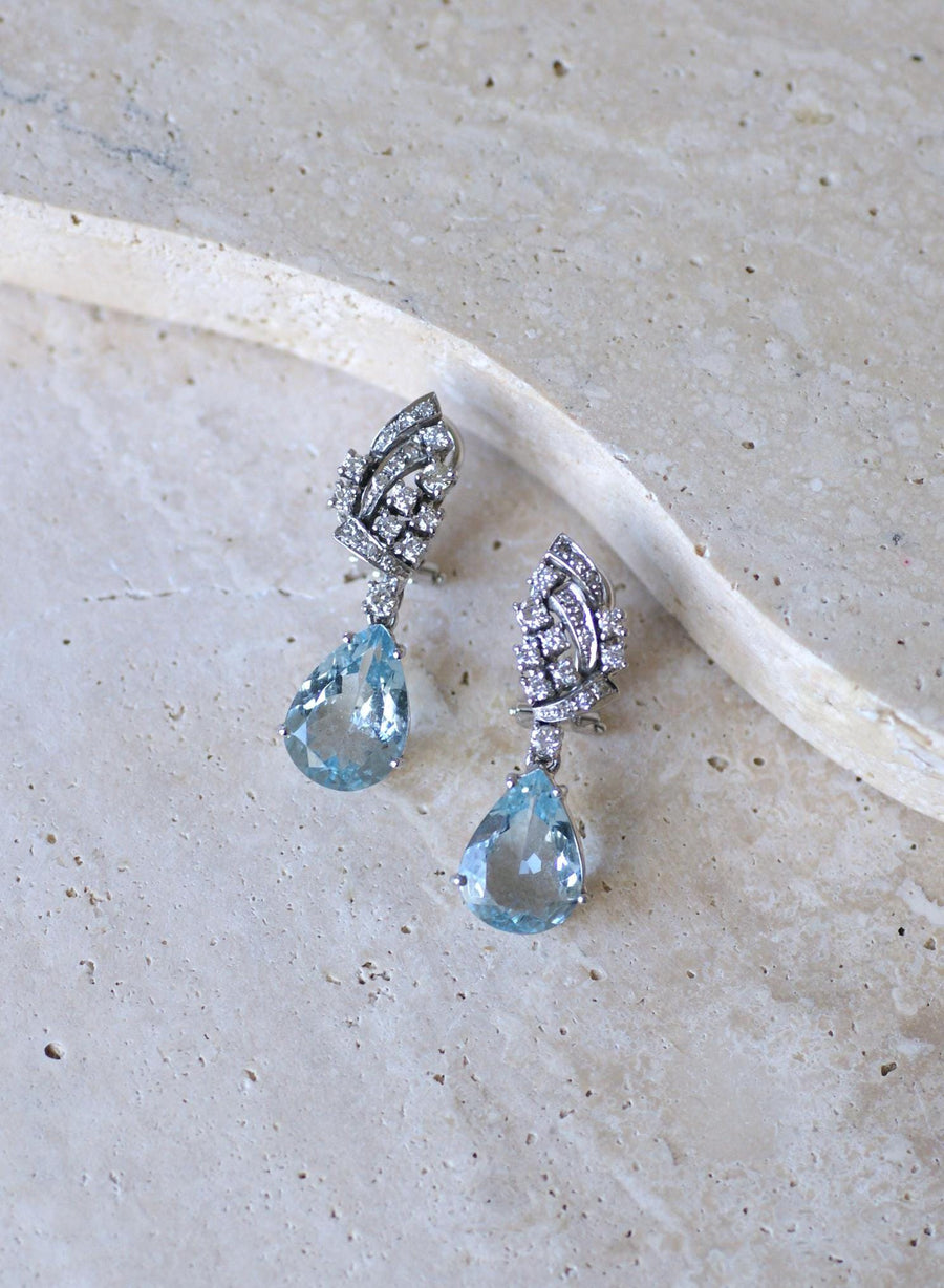 Boucles d'Oreilles Goutte Aigue Marine et Diamant - Galerie Pénélope