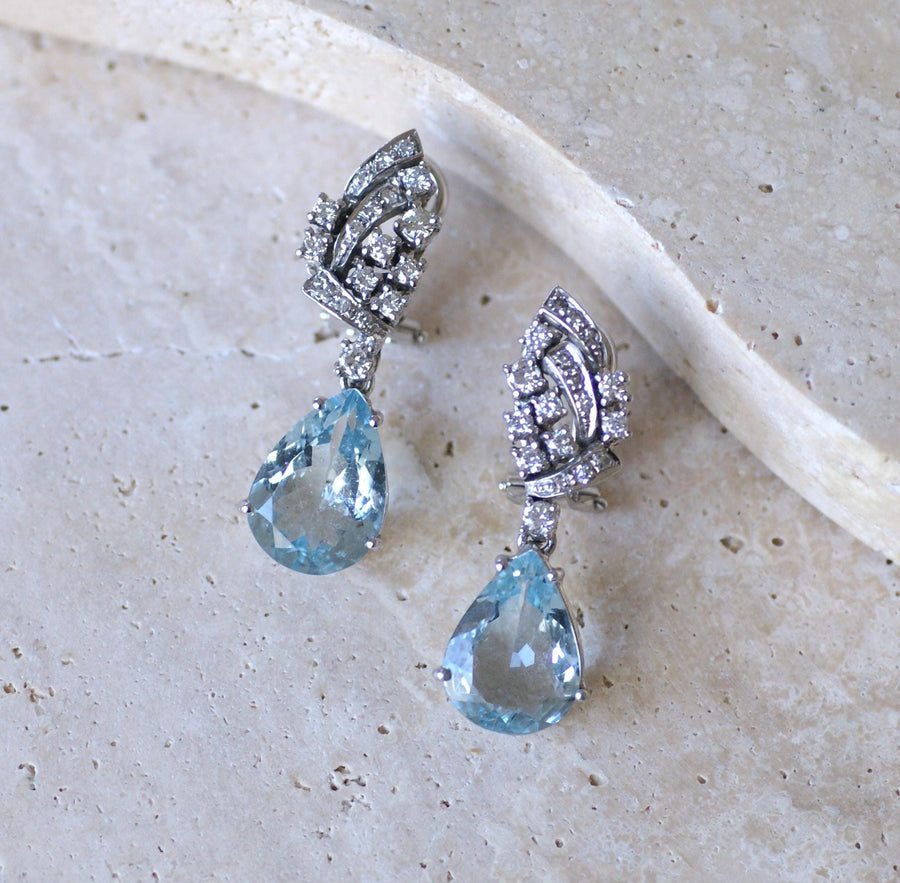 Boucles d'Oreilles Goutte Aigue Marine et Diamant - Galerie Pénélope