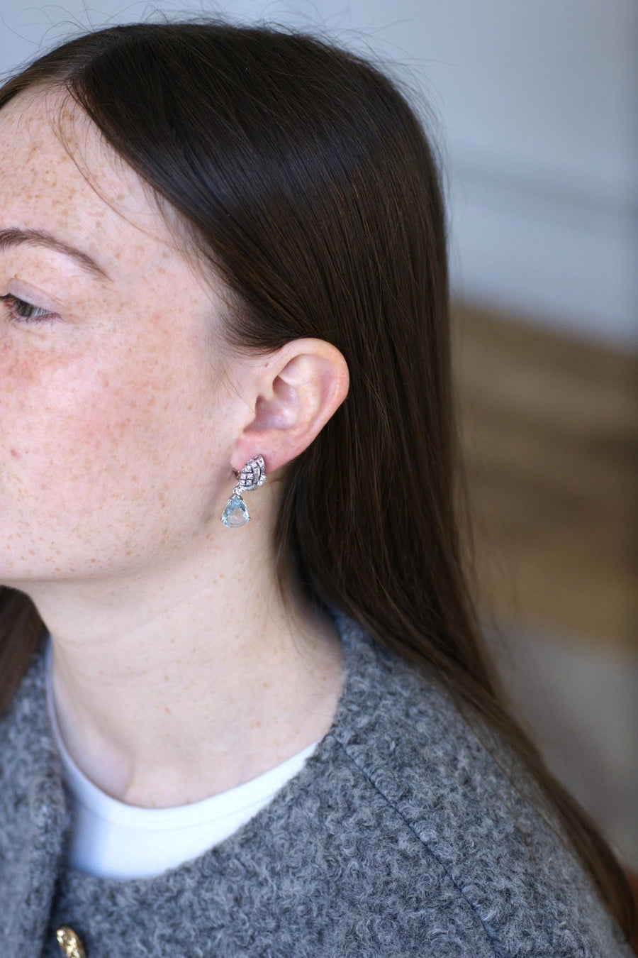 Boucles d'Oreilles Goutte Aigue Marine et Diamant - Galerie Pénélope
