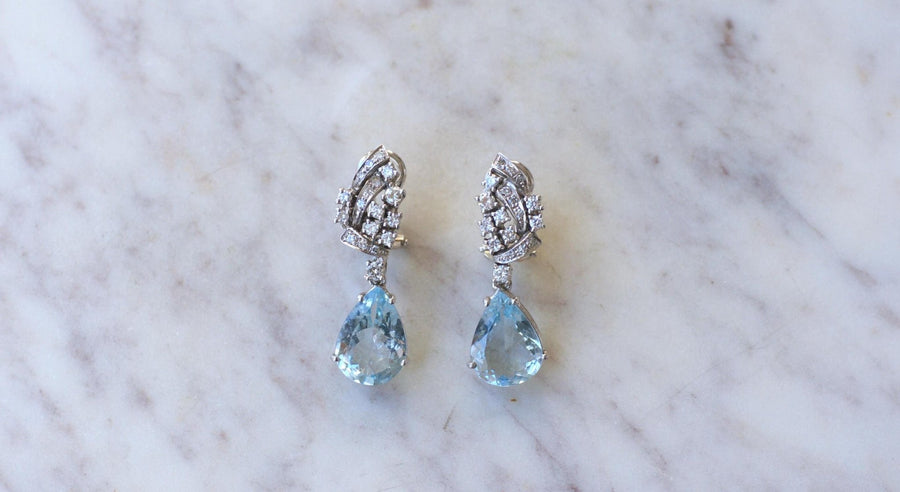Boucles d'Oreilles Goutte Aigue Marine et Diamant - Galerie Pénélope