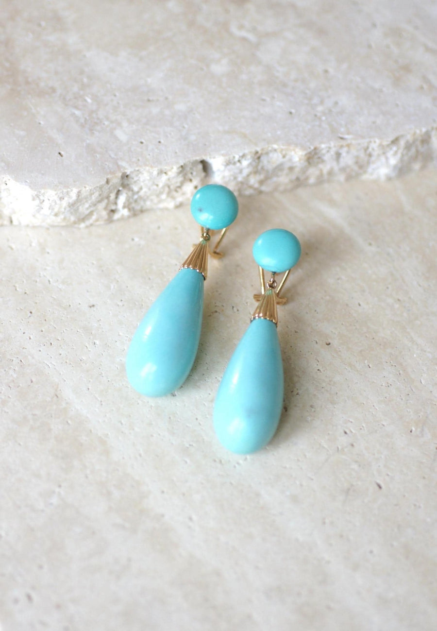 Boucles d'Oreilles Goutte Turquoise sur Or Jaune - Galerie Pénélope