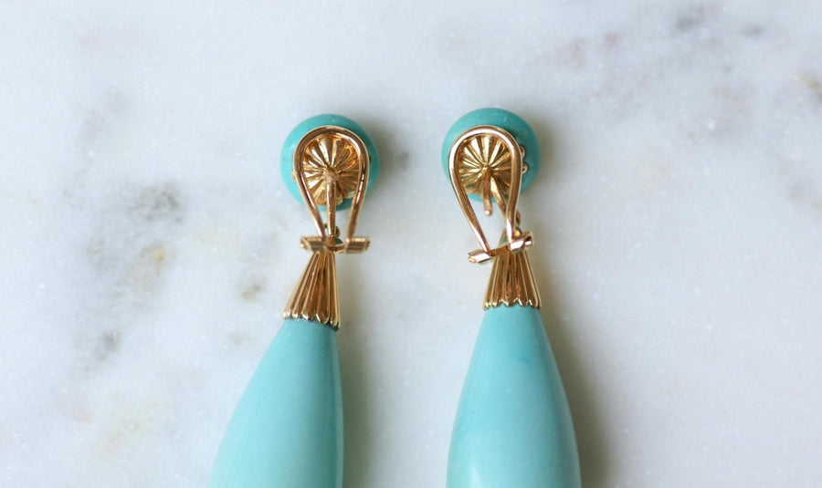 Boucles d'Oreilles Goutte Turquoise sur Or Jaune - Galerie Pénélope