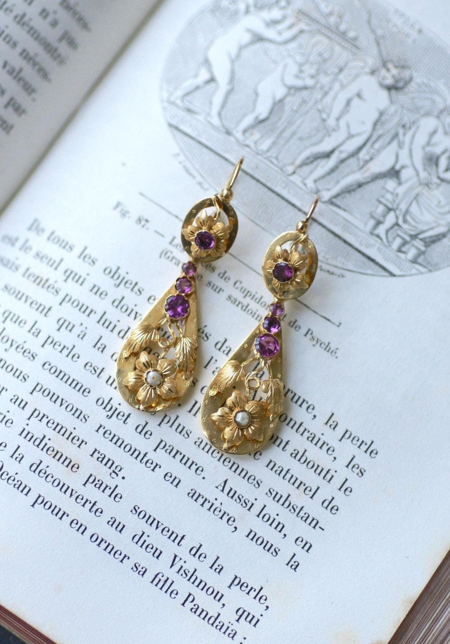 Boucles d'Oreilles Gouttes Grenats sur Or Jaune - Galerie Pénélope