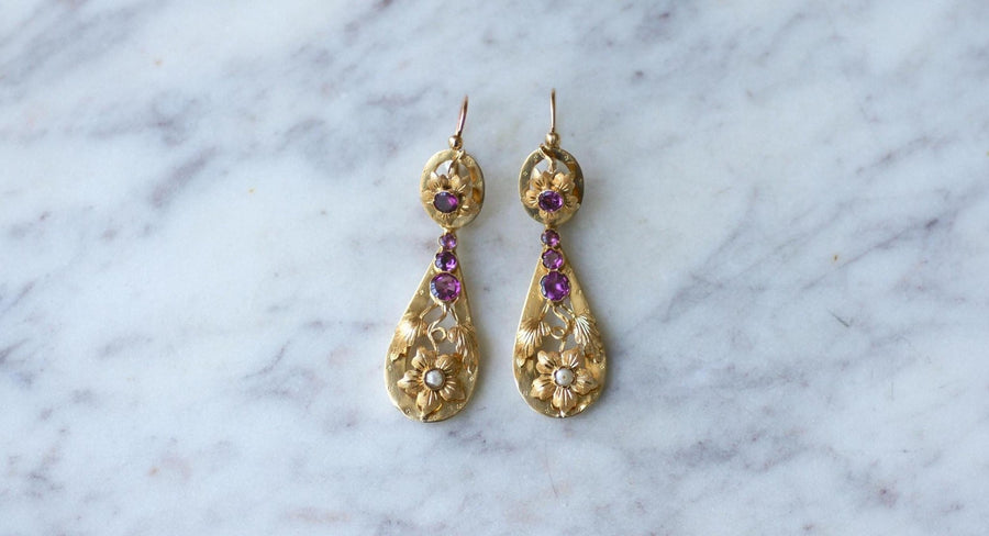 Boucles d'Oreilles Gouttes Grenats sur Or Jaune - Galerie Pénélope