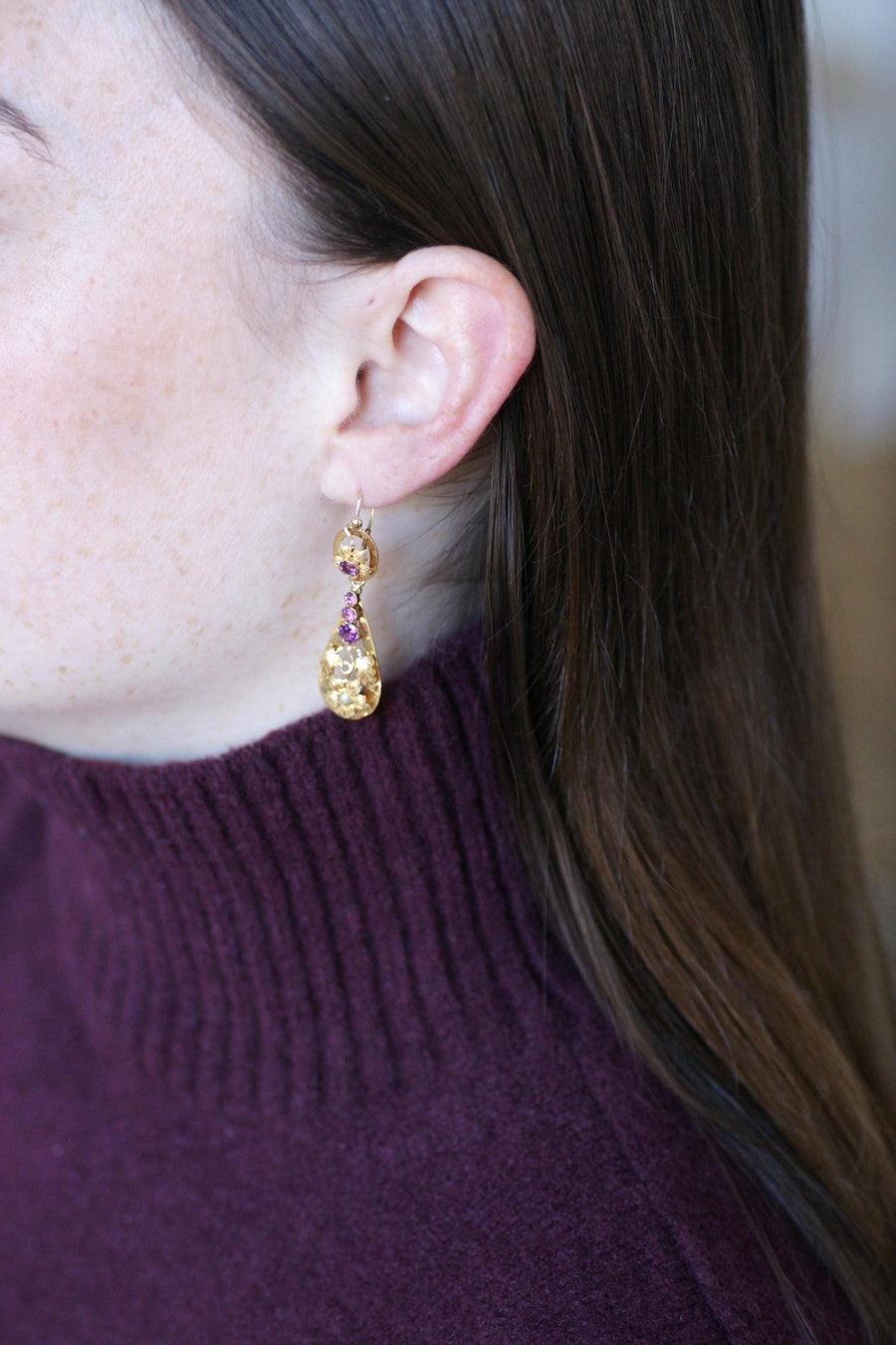 Boucles d'Oreilles Gouttes Grenats sur Or Jaune - Galerie Pénélope