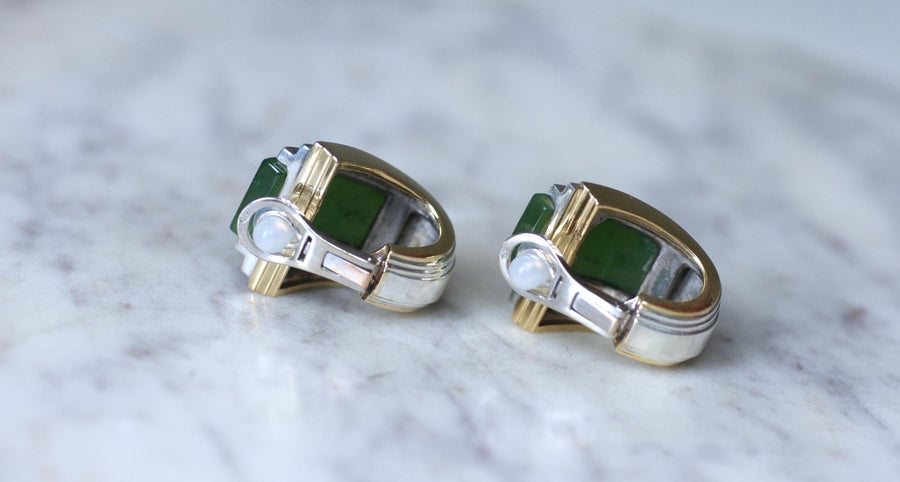 Boucles d'Oreilles Puiforcat par André Vassort Jade sur Or et Argent - Galerie Pénélope