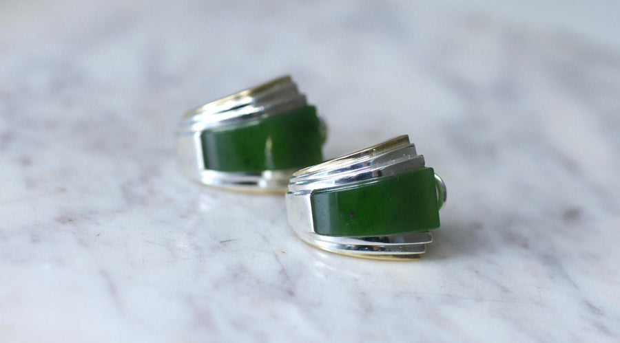 Boucles d'Oreilles Puiforcat par André Vassort Jade sur Or et Argent - Galerie Pénélope