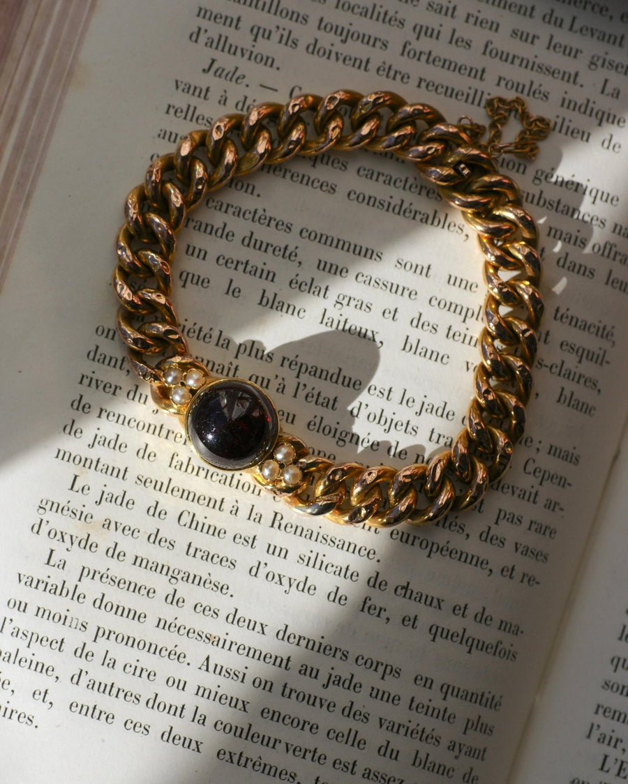 Bracelet Ancien Gourmette Or jaune et Grenat - Galerie Pénélope