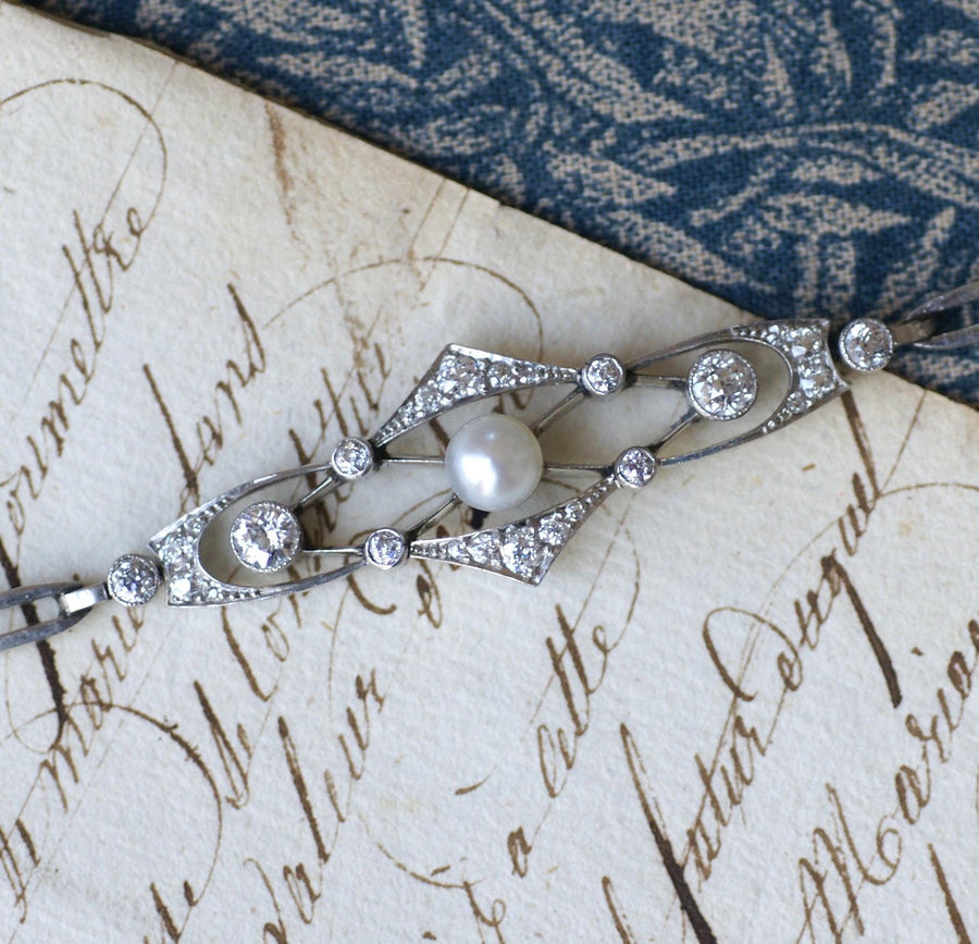 Bracelet Art Deco Perle Fine et Diamants sur Platine - Galerie Pénélope
