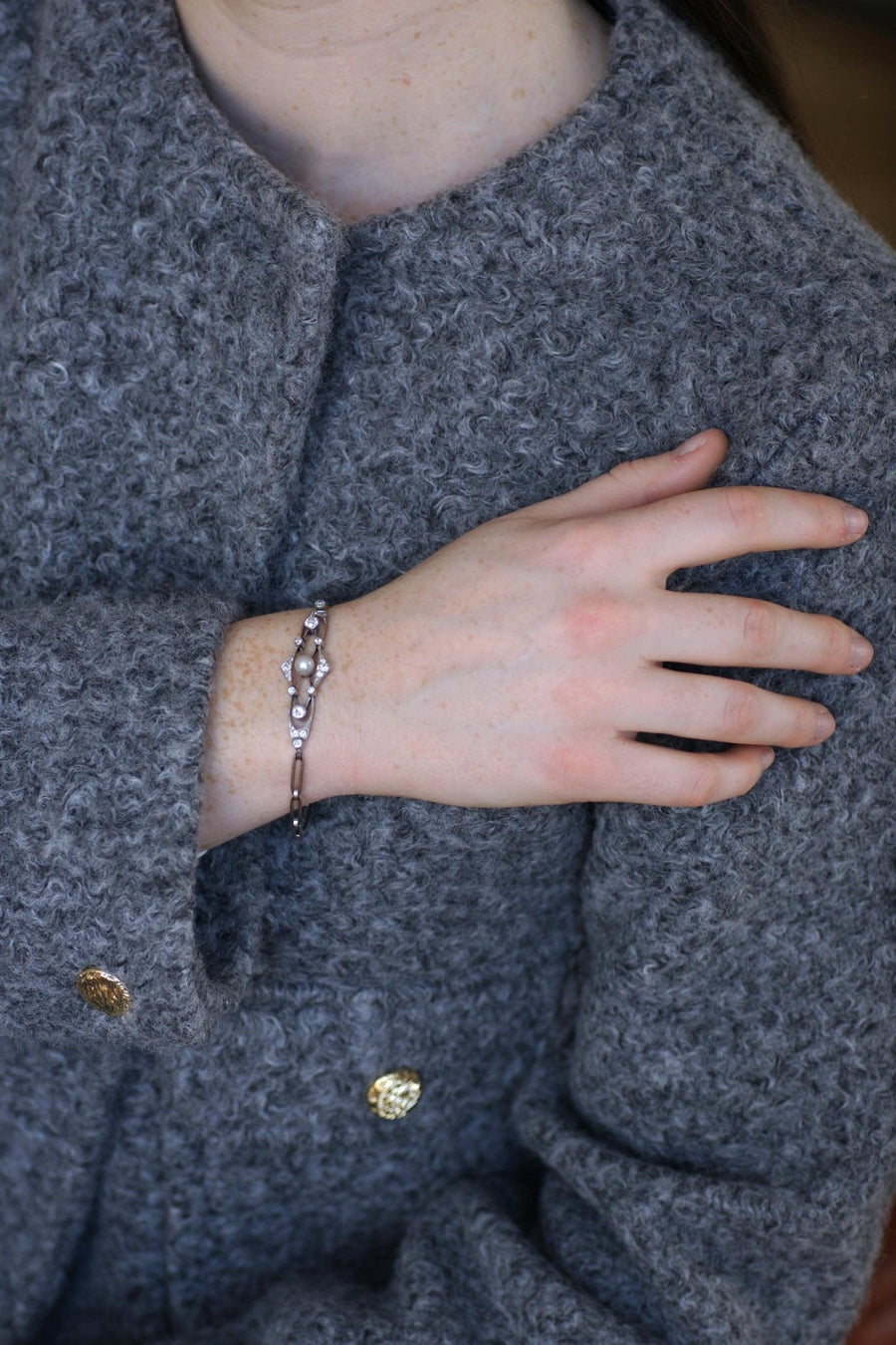 Bracelet Art Deco Perle Fine et Diamants sur Platine - Galerie Pénélope