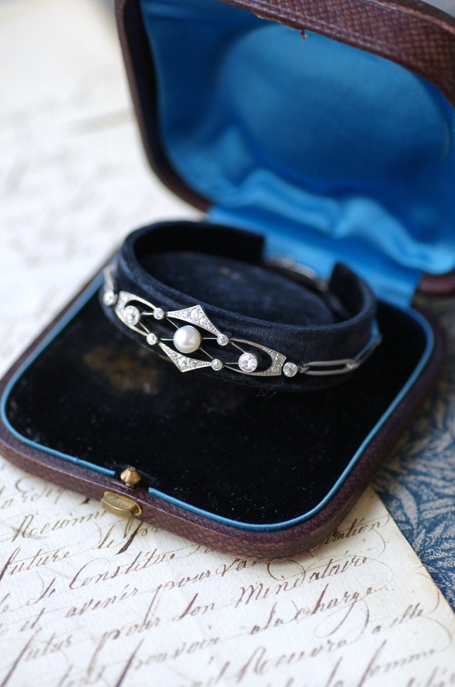 Bracelet Art Deco Perle Fine et Diamants sur Platine - Galerie Pénélope