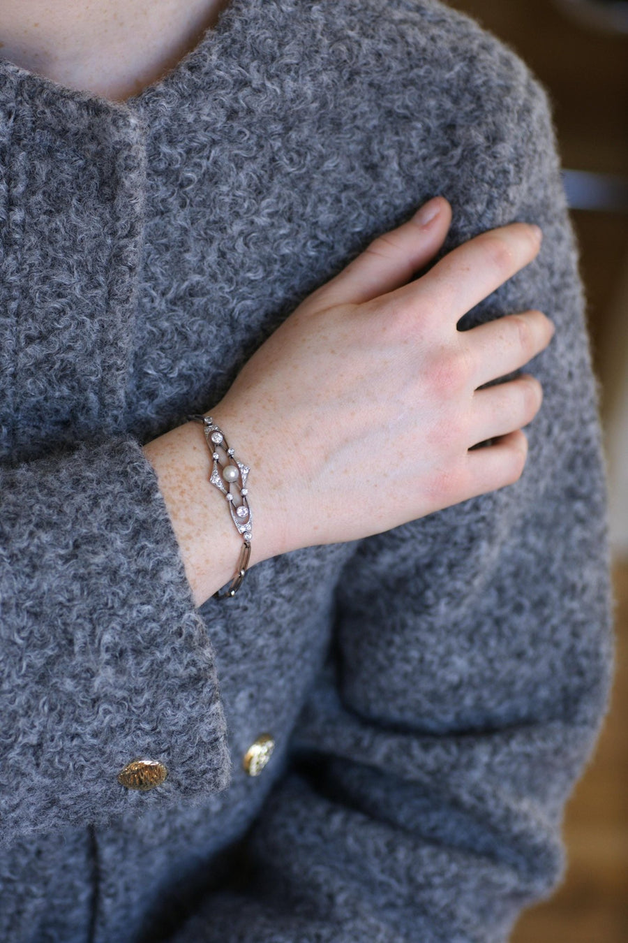 Bracelet Art Deco Perle Fine et Diamants sur Platine - Galerie Pénélope