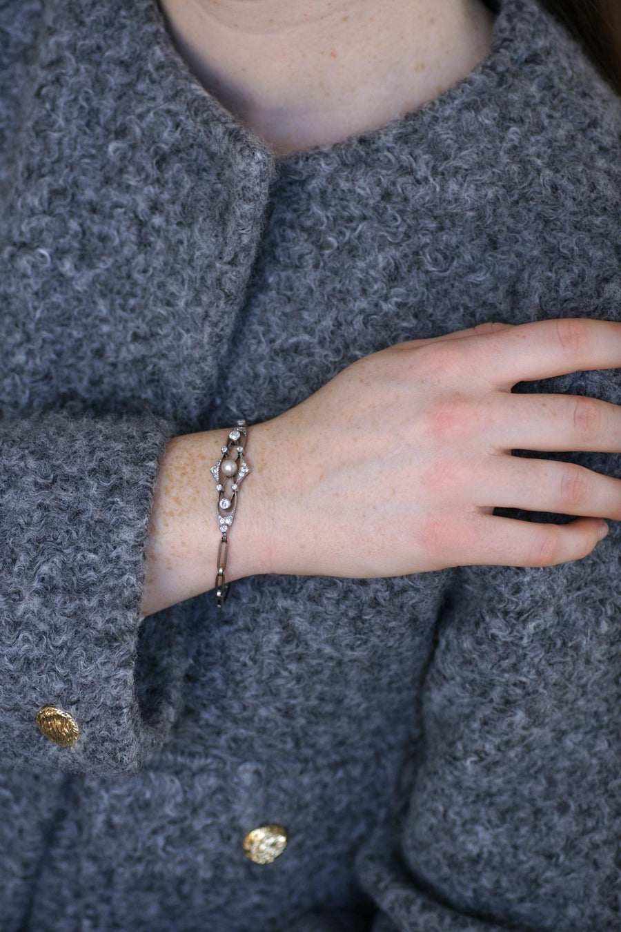 Bracelet Art Deco Perle Fine et Diamants sur Platine - Galerie Pénélope
