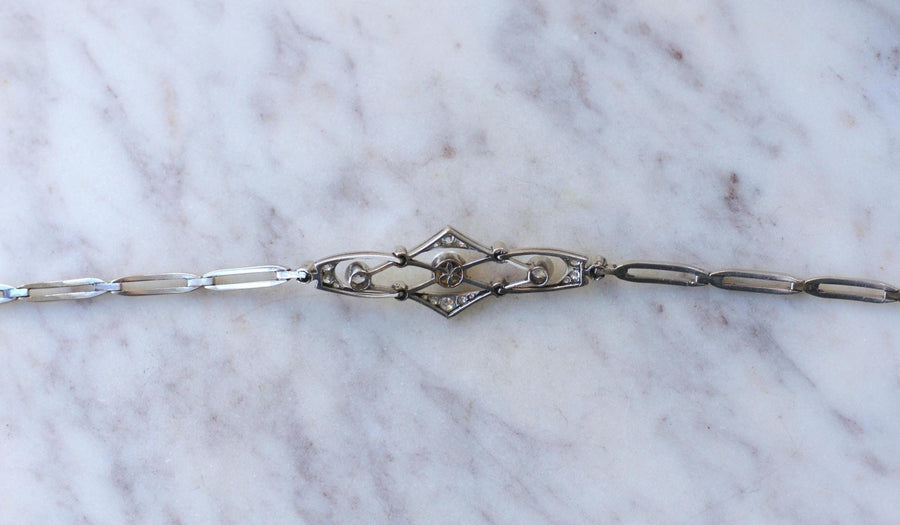 Bracelet Art Deco Perle Fine et Diamants sur Platine - Galerie Pénélope