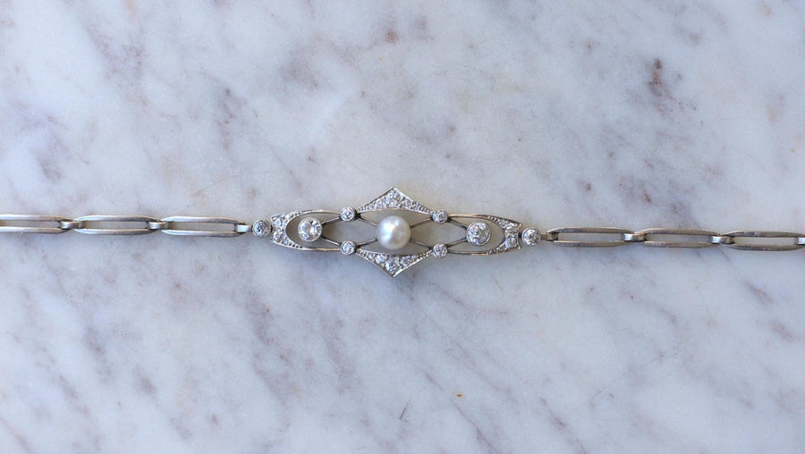 Bracelet Art Deco Perle Fine et Diamants sur Platine - Galerie Pénélope