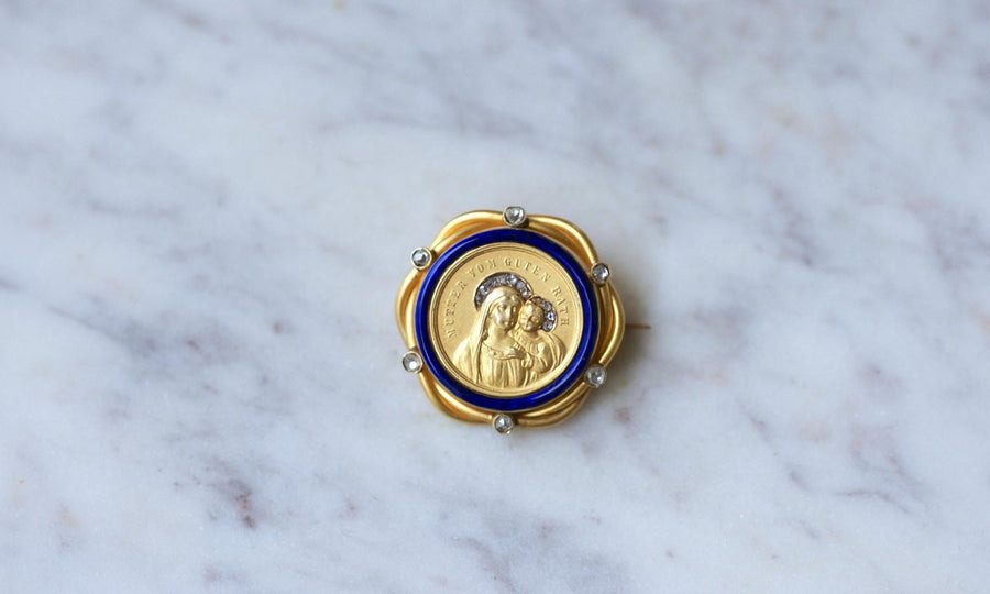 Broche Ancienne Vierge en Or Jaune Diamants et Email - Galerie Pénélope