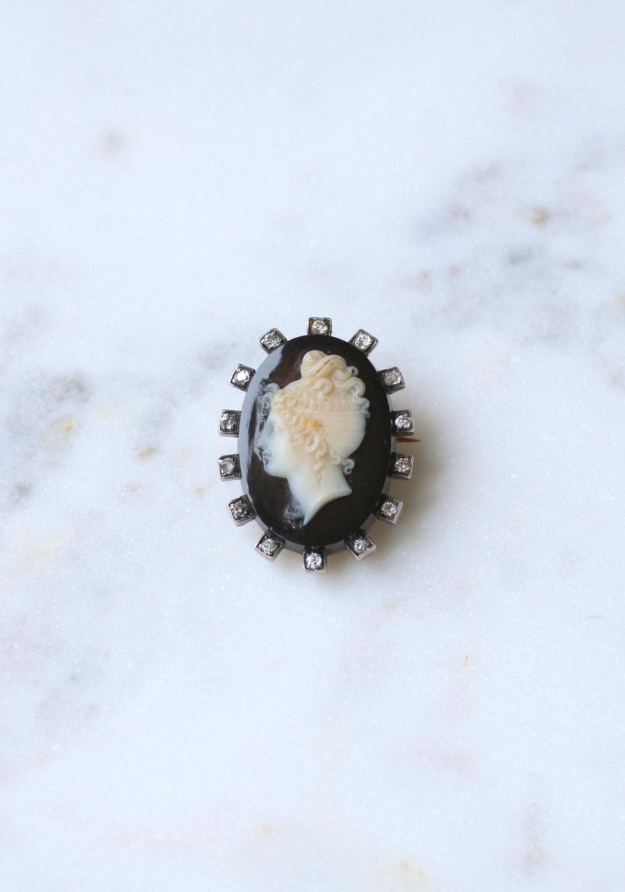 Broche Camée Onyx et Diamants - Galerie Pénélope