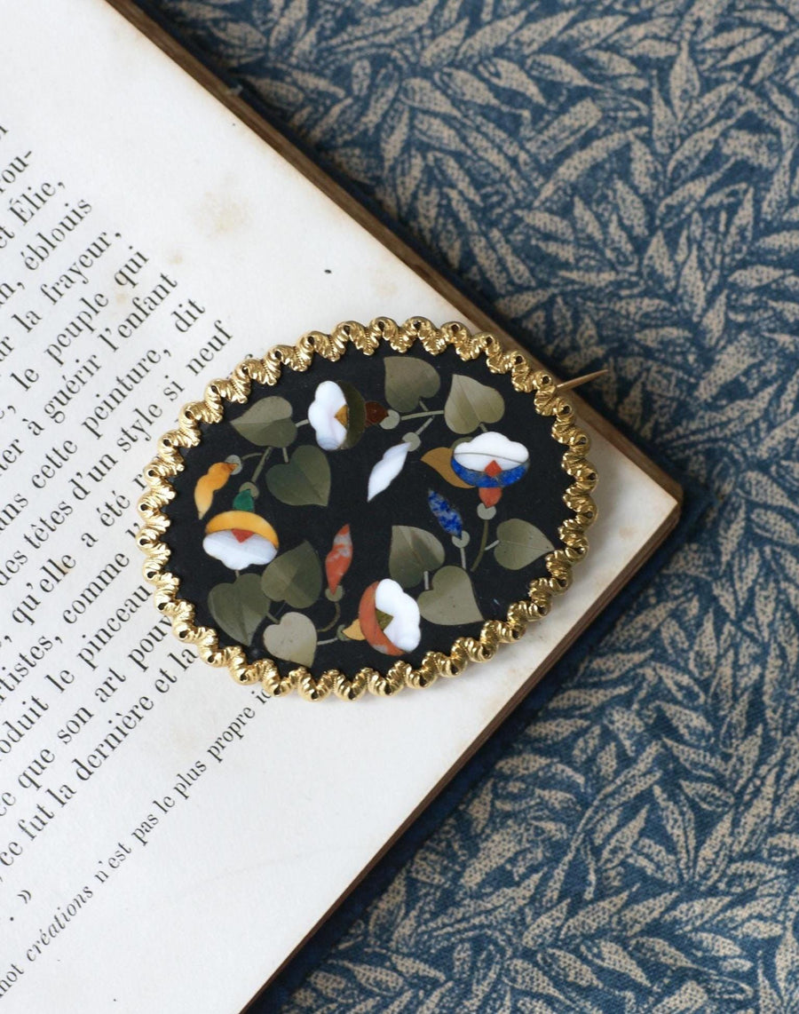 Broche Fleur Pietra Dura sur Or Jaune - Galerie Pénélope
