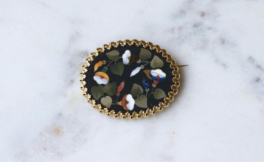 Broche Fleur Pietra Dura sur Or Jaune - Galerie Pénélope