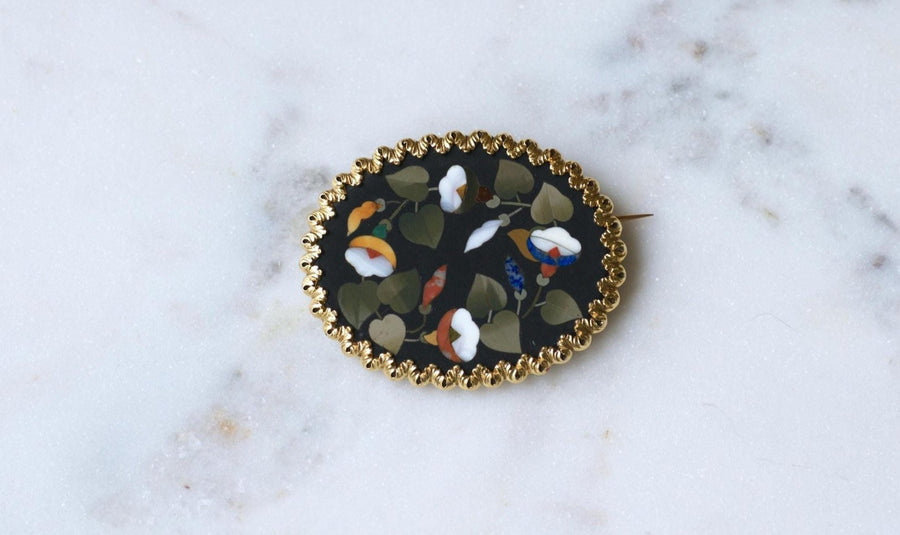 Broche Fleur Pietra Dura sur Or Jaune - Galerie Pénélope