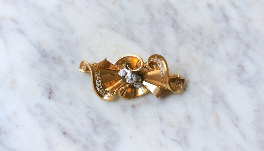 Broche Noeud Années 50 Diamants Or Rose - Galerie Pénélope