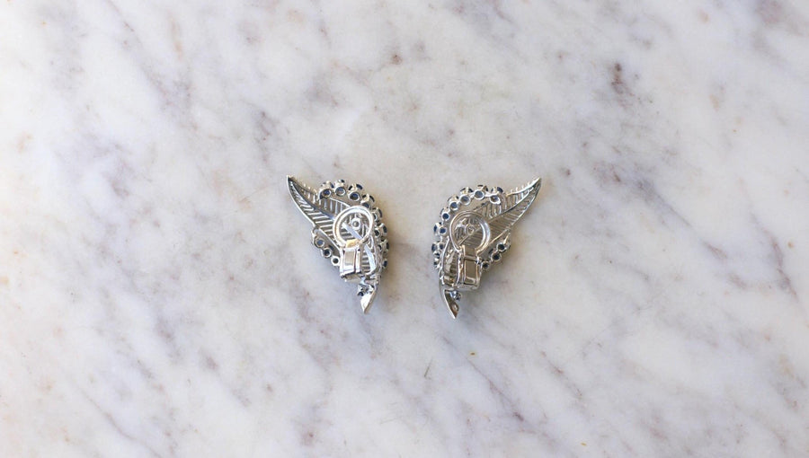 Clips Plume Or Blanc et Saphirs Années 60 - Galerie Pénélope
