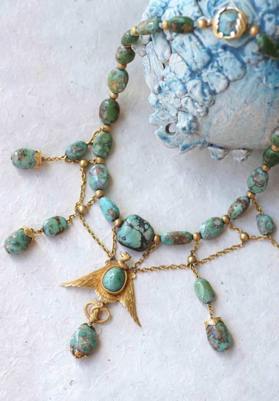 Collier Ancien Neo Egyptien Or Jaune et Turquoises - Galerie Pénélope