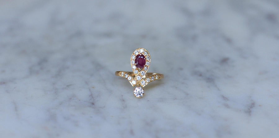 Bague Duchesse Vintage Diamants et Rubis sur Or Jaune