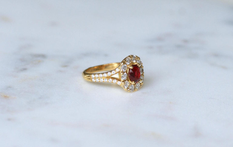 Bague Marguerite Spinelle Entourage Diamants sur Or Jaune