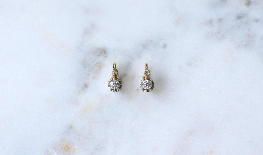 Boucles d'Oreilles Dormeuses Diamants 0.60 Ct Anciennes en Or Rose