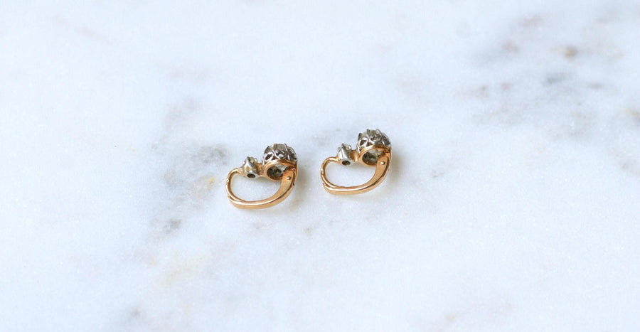 Boucles d'Oreilles Dormeuses Diamants 0.60 Ct Anciennes en Or Rose