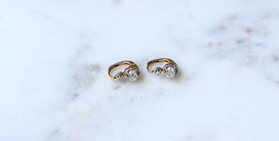 Boucles d'Oreilles Dormeuses Diamants 0.60 Ct Anciennes en Or Rose