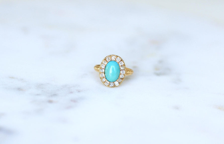 Bague Marguerite Ancienne Turquoise Entourage Diamants sur Or Jaune