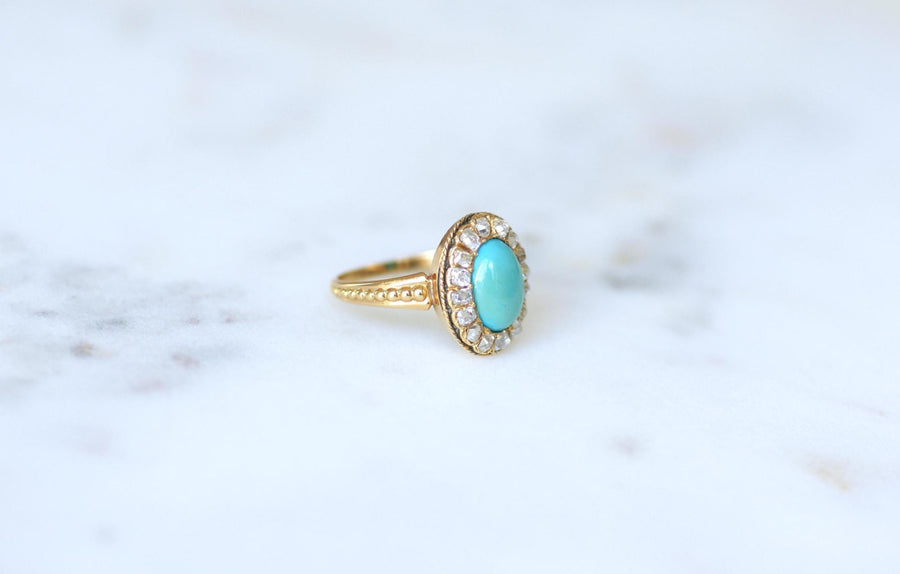 Bague Marguerite Ancienne Turquoise Entourage Diamants sur Or Jaune