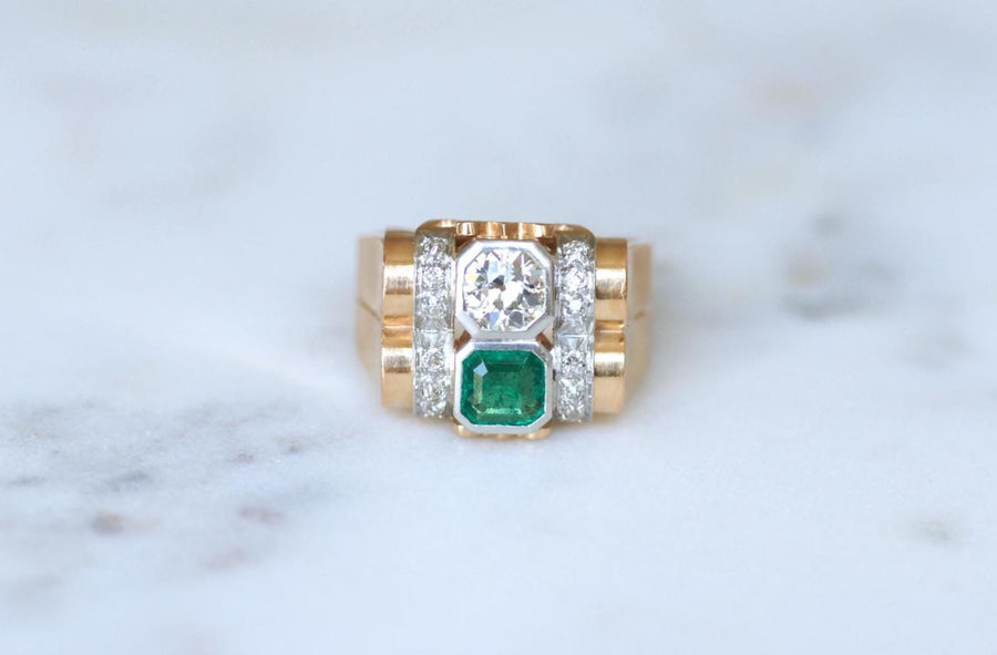 Bague Tank Emeraude Colombienne et Diamants sur Or Rose et Platine