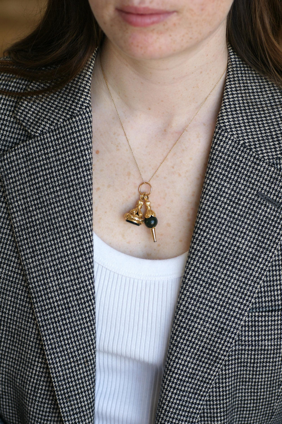 Pendentif Ancien Clef de Montre Or Jaune et Jaspe Sanguin