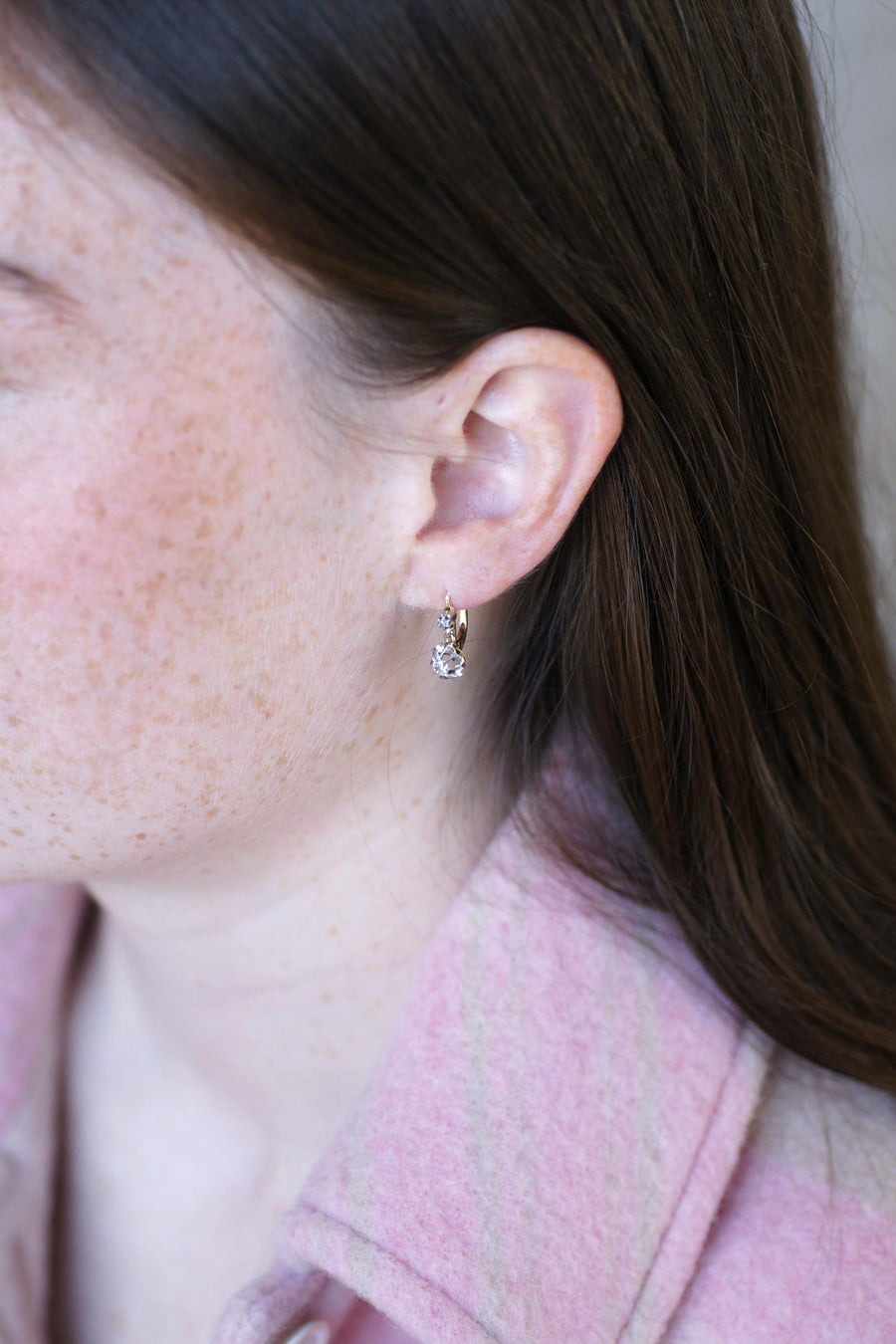 Boucles d'Oreilles Dormeuses Diamants Anciennes Or Jaune et Platine