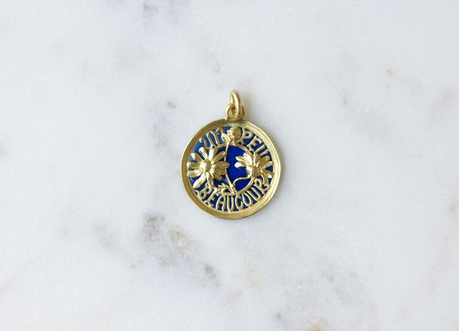 Médaille d'Amour Ancienne Pâquerette Un Peu Beaucoup Or Jaune et Email Bleu