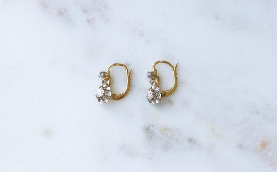 Boucles d'Oreilles Dormeuses Diamants Anciennes Or Jaune et Platine