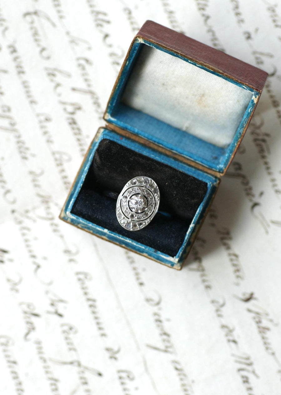 Bague Ovale Art Deco Diamants Platine & Or Blanc