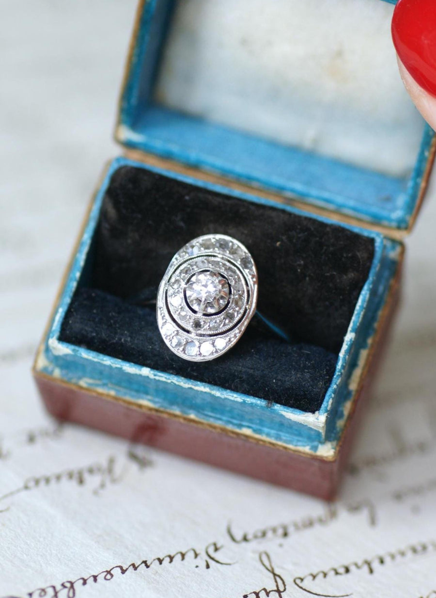 Bague Ovale Art Deco Diamants Platine & Or Blanc