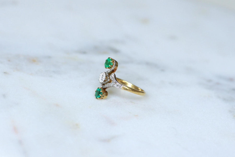 Bague Toi & Moi Diamants et Emeraudes sur Or et Platine