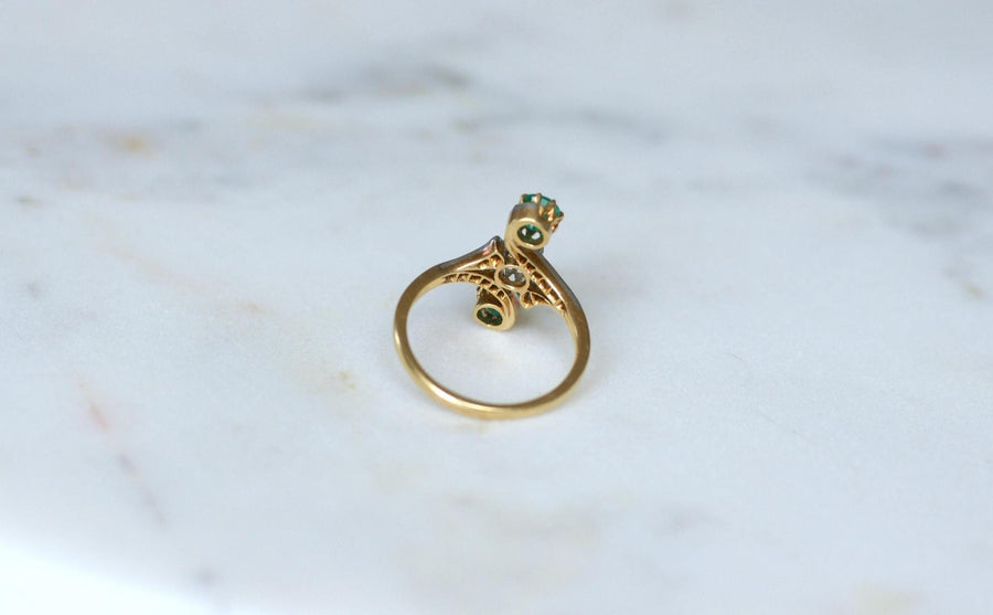 Bague Toi & Moi Diamants et Emeraudes sur Or et Platine