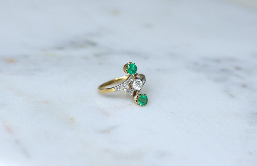 Bague Toi & Moi Diamants et Emeraudes sur Or et Platine