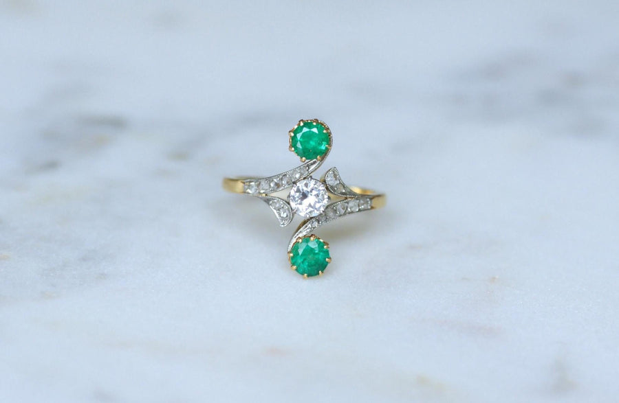 Bague Toi & Moi Diamants et Emeraudes sur Or et Platine